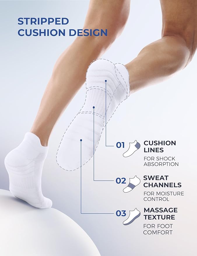 CS CELERSPORT 6 Pack Athletic Running Ankle Socks, Cotton Low Cut Cushioned Anti-Blister Tab Sports Socks Men Women