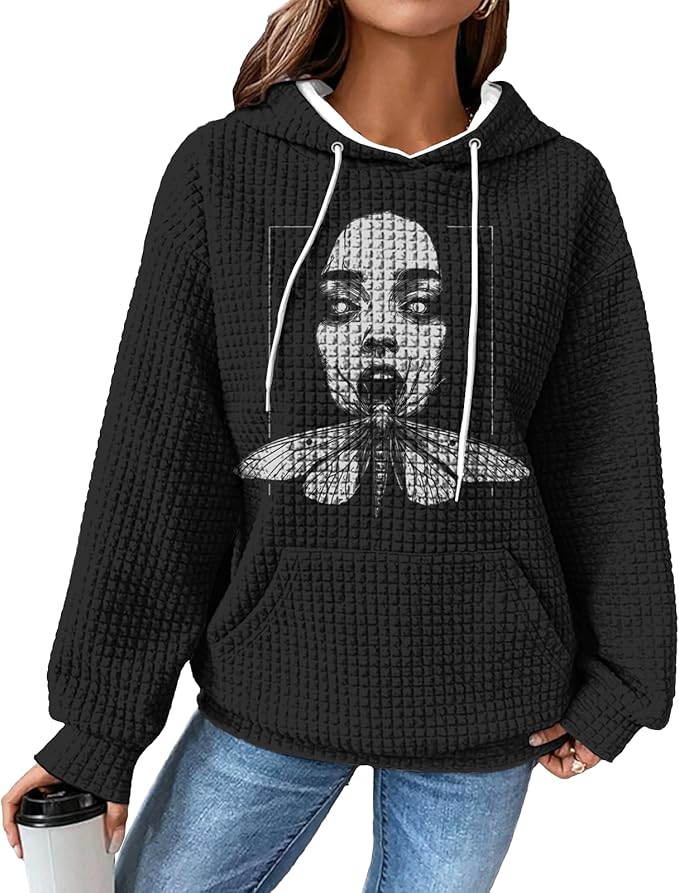 domirica Black Pullover Sweatshirts For Women Trendy Long Sleeve Waffle Sweatshirt With Hood Comfy Fall Clothing Qutfits