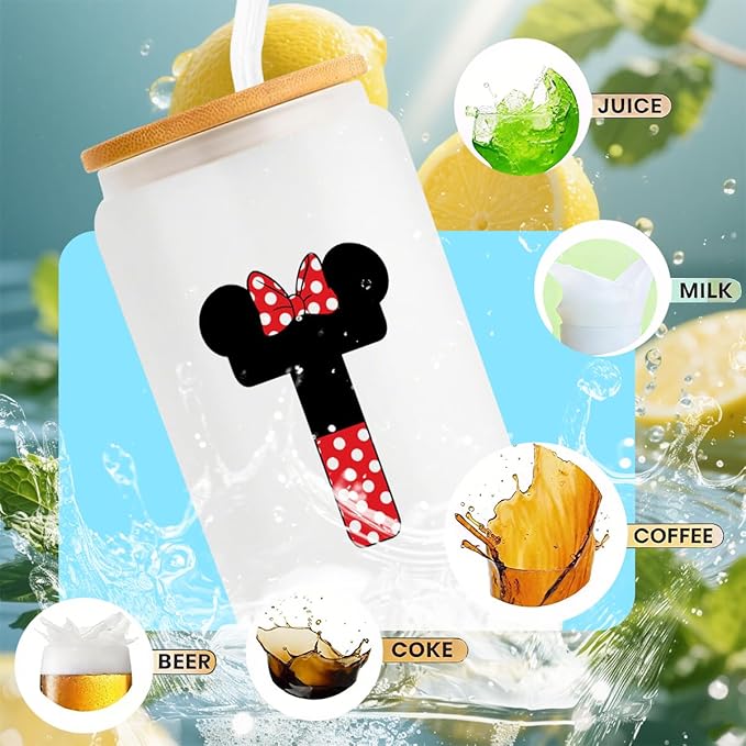 Cute Cartoon Mouse Lover Gifts Initial A-Z Personalized Iced Coffee Cup Magic Mouse Stuff Wizard Gift 16oz Glass Cup with Lid and Straws Birthday Christmas Gifts for Women Teen Girls (Letter T)
