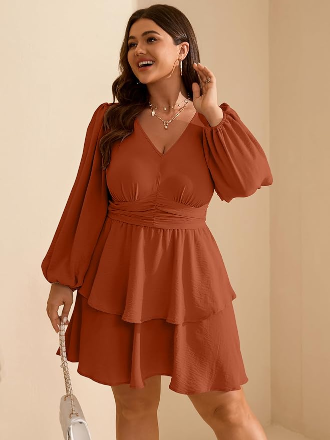 RWJ Plus Size Dresses for Curvy Women V Neck Long Sleeve Elastic Waist Fall Wedding Guest Layer Casual Mini Dress