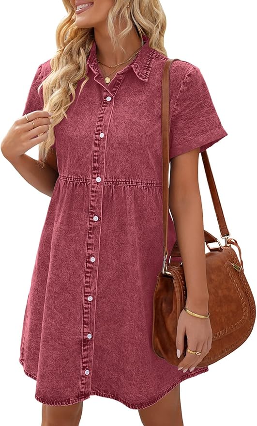 LookbookStore Women's Short Sleeve Button Down Flowy Tiered Babydoll Denim Dress