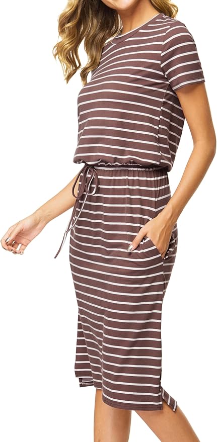 Simier Fariry Womens Spring Hide Belly Knee Length Travel Dress Pocket Summer Short Sleeve Midi Work Casual Outfits