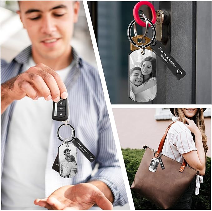 RSQGT Personalized Custom Keychain with Picture - Double Sided Engraving Photo Text Customized Key Chains for Men Boyfriend