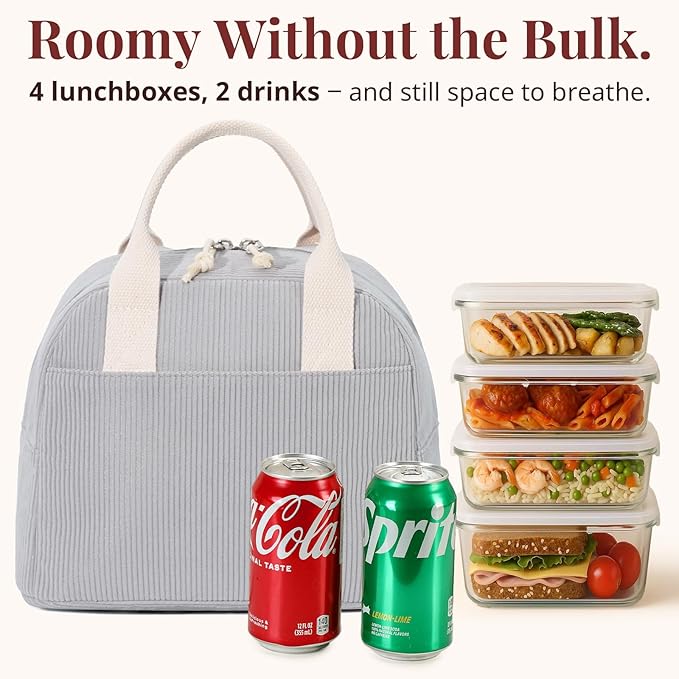 Insulated Lunch Bag for Women Men, Stylish Corduroy Tote Bag with Aluminum Lining, Large Capacity Reusable Cooler for Work, Travel, or Beach, Cloud Gray Lunch Box