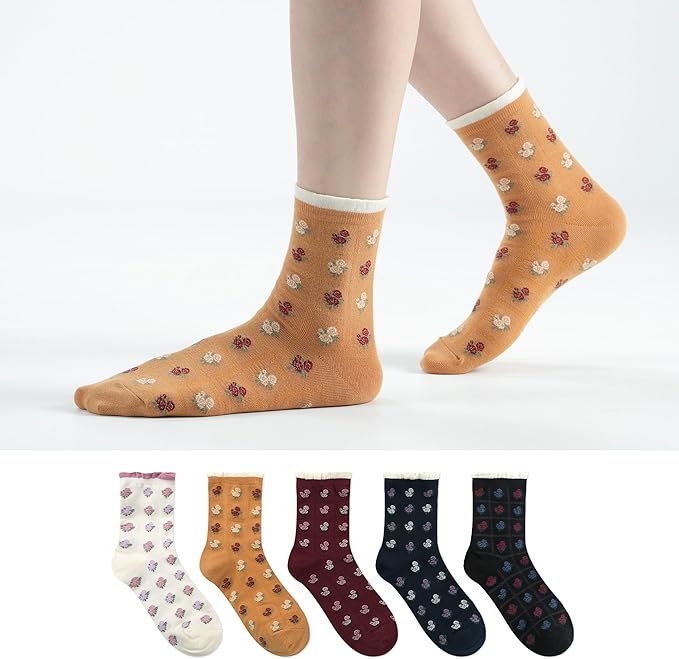 Kikiya Women's Cotton Crew Socks - Cute Flower Graphic Polka Dot Striped Heart Patterned - Ladies Girls Casual Socks Size 6-8