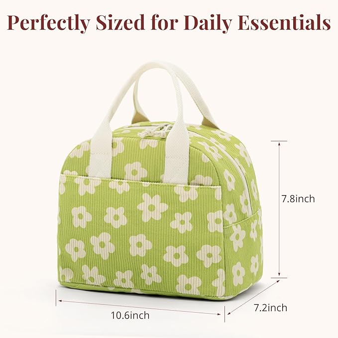 Insulated Floral Lunch Bag for Women, Stylish Corduroy Tote with Aluminum Lining, Large Capacity Reusable Cooler for Work, Travel, Beach or Picnic, Creamy Floral Water-Resistant Lunch Box