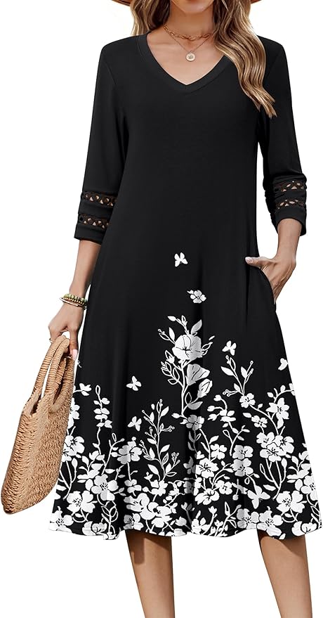 Zeagoo Women's Dresses 3/4 Sleeve Summer Casual V-Neck A Line Flowy Eyelet Midi Dress for Women Beach Vacation Sundress