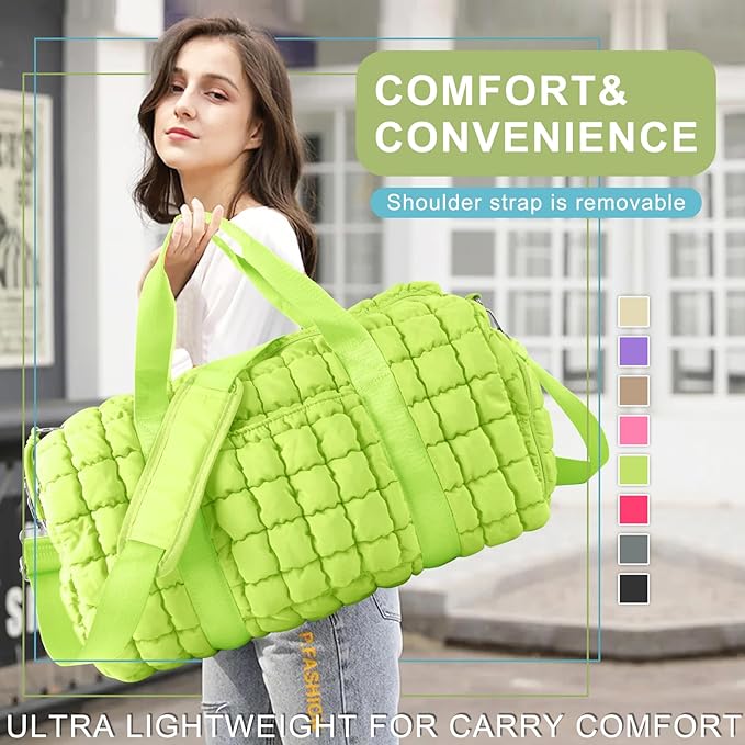 Quilted Travel Duffle Bag Gym Bag for Women,Large Puffer Duffle Weekender Bag with Compartment,Workout Overnight Carry on Organizer Bag Duffle Bag for Airplane Travel(L-Green)