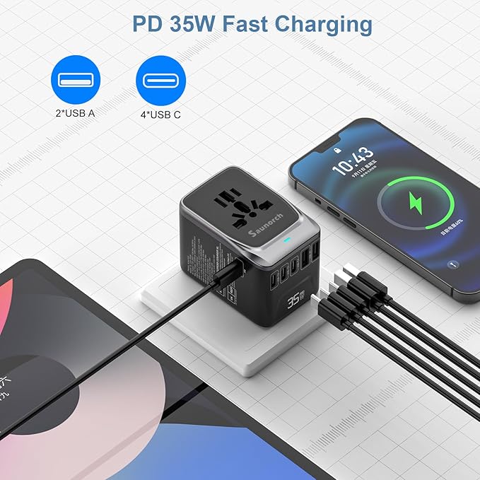 SAUNORCH Universal Travel Adapter, PD 35W 7 in 1 International Power Plug Adapter with 7.0A 4 USB-C and 2 USB-A Fast Wall Charger, Worldwide AC Outlet for US Europe UK AUS (Black+Silver)