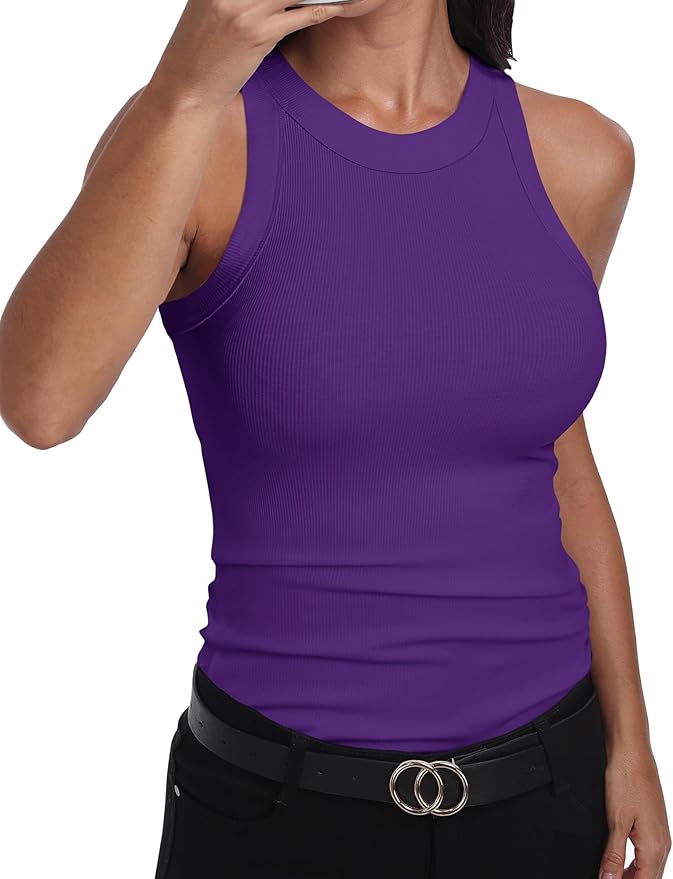 GEMBERA Womens Sleeveless Racerback High Neck Casual Basic Cotton Ribbed Fitted Tank Top