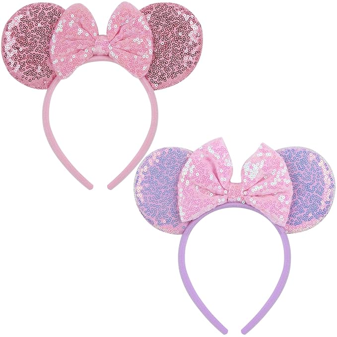 Sotaila 2 Pack Pink Purple Mouse Ears Headbands for Women Girls, Sequin Bow Headband for Cosplay Costume Birthday Party Decorations Hair Accessories