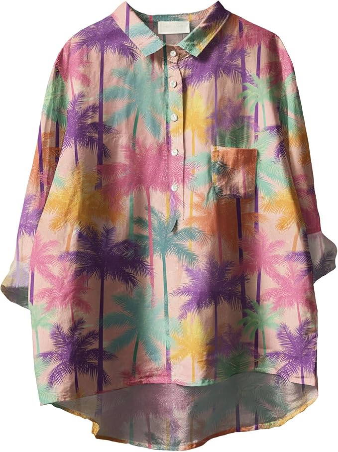 Womens Boho Tops 3/4 Long Sleeve Floral Blouses Hawaii Beach Button Down Shirts V Neck Pullover Casual Tunics