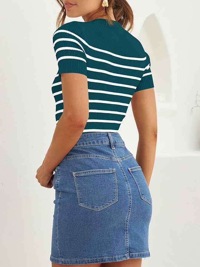 ZESICA Women's Short Sleeve Crewneck Striped T Shirt 2026 Summer Ribbed Knit Slim Fit Casual Basic Tee Tops
