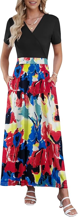 AUSELILY Maxi Dresses for Women Ankle Length Floral Print Beach Long Flowy Dress with Pockets
