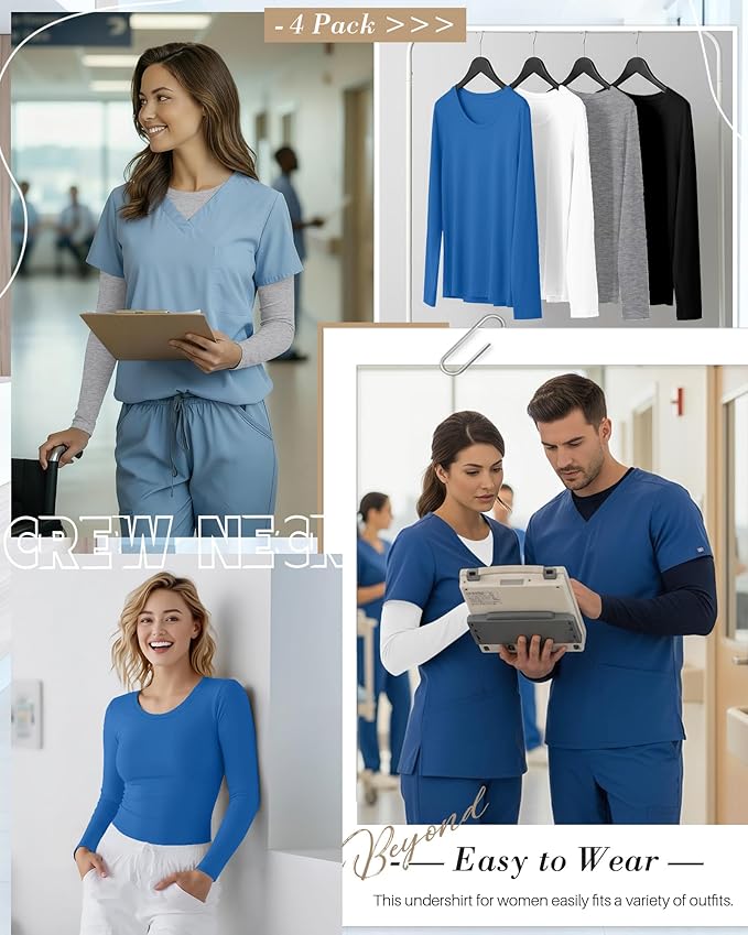 4 Pack Women's Underscrub Shirts Nurse Undershirts Long Sleeve Crewneck Slim Fit Tops Soft Stretchy Basic Tee