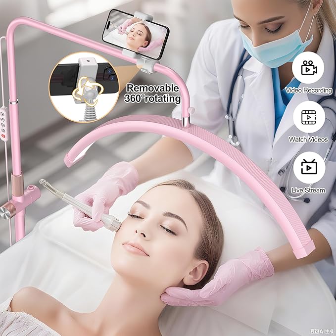Half Moon Lash Light - Adjustable LED Floor Lash Lamp with 4X Magnifier & Phone Holder for Eyelash Extensions,Nail Art,Tattoo,Skincare,Salon SPA-Dimmable Brightness,Rotating Head, Pink