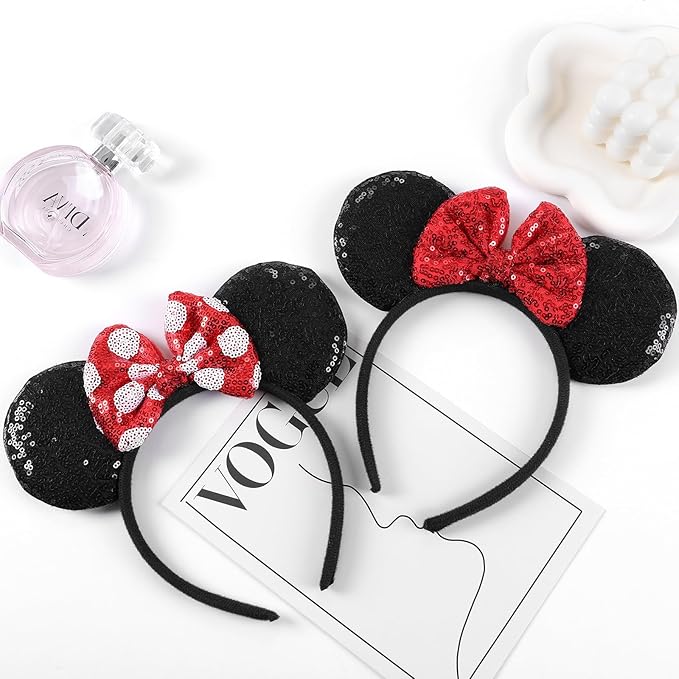 Twineek 2 Pcs Red Mouse Ears Sequin Headbands,Shiny Bows Headbands, A Perfect Addition to Your Trip Essentials Accessories for Women Grils Princess Decoration Costume Cosplay
