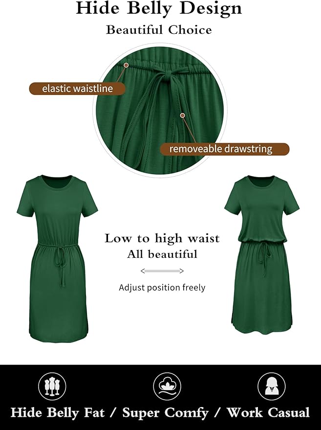 Simier Fariry Womens Spring Hide Belly Knee Length Travel Dress Pocket Summer Short Sleeve Midi Work Casual Outfits