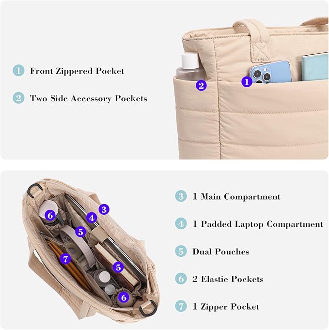 AOCINA Puffer Tote Bag for Women Quilted Work Bag Nurse Bags Women's Shoulder Handbags for Travel Gym Gifts Laptop Purse