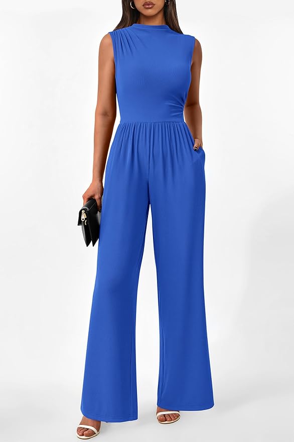 PRETTYGARDEN Womens Summer Jumpsuits Dressy Casual One Piece Outfits Sleeveless Mock Neck Wide Leg Pants Rompers with Pockets