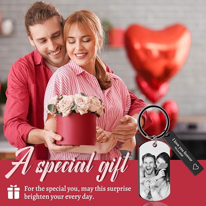 RSQGT Personalized Custom Keychain with Picture - Double Sided Engraving Photo Text Customized Key Chains for Men Boyfriend