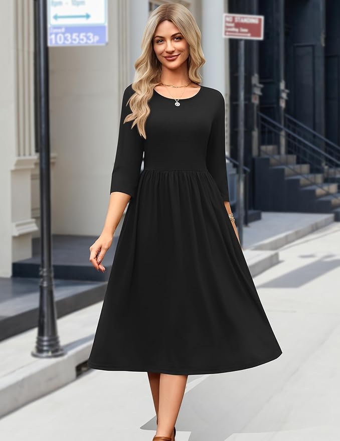 Zeagoo 3/4 Sleeve Women's Dress Casual Flowy A-Line Midi Tshirt Dresses with Pockets Crewneck Vocation Boho Beach Sundress