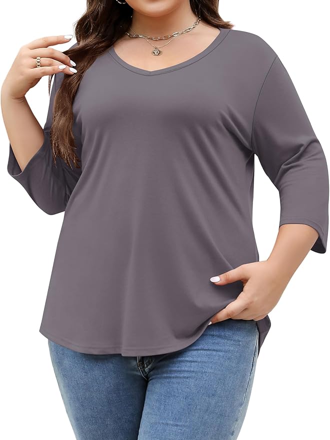 TFSDOD Womens Plus Size Tops V Neck T Shirts 3/4 Sleeve Blouse Summer Casual Tees XL-5X
