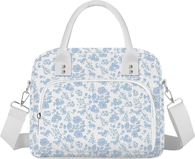 Lunch Bag Large Insulated Lunch Box for Women Men Adult Cute Blue Floral Lunchbox Corduroy Lunch Bags Boxes Pail with Shoulder Strap for Work Mom Picnic Office Travel 11.4×6.8×9.1 inches 11.5L