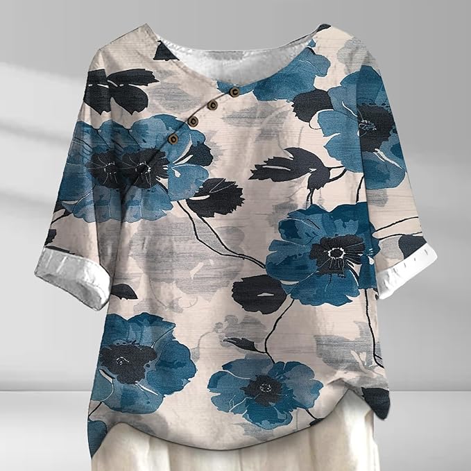 Women's Shirts Dressy Casual Asymmetric Side Button Down Design Tops Summer Loose Fit Crewneck Graphic Tees