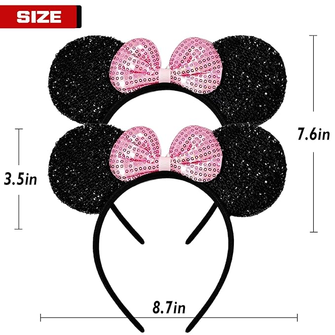 MADO 2 pack mouse ears headbands for adults women little girls boys (sparkle pink, onesize)