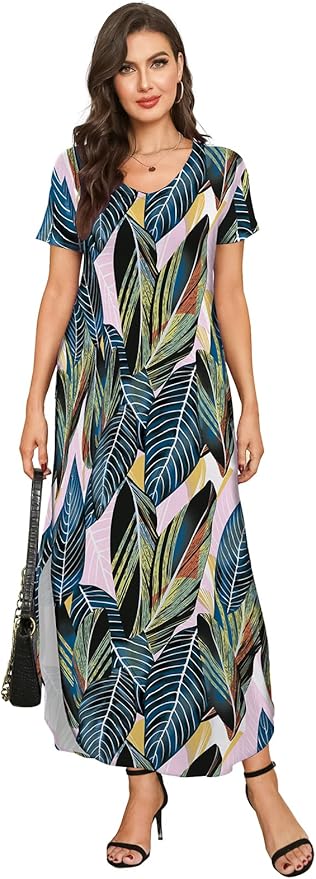 Arolina Women's Summer Maxi Dress Short Sleeve V Neck Casual Loose Long Beach Split Dresses with Pockets