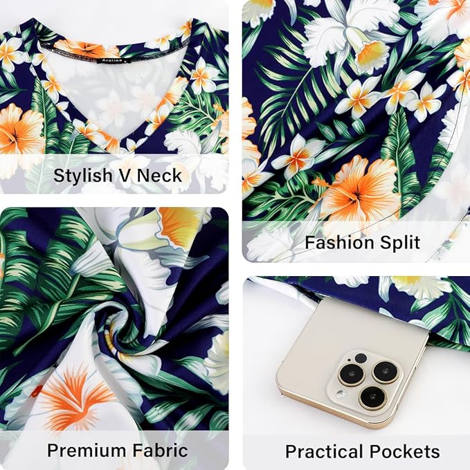 Arolina Women's Summer Maxi Dress Short Sleeve V Neck Casual Loose Long Beach Split Dresses with Pockets