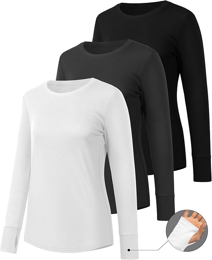 Huukeay 3 Pack Women's Long Sleeve Shirts with Thumb Holes, Cotton Casual Crew Neck Tunic Tops Fall Loose Y2k Trendy Outfits