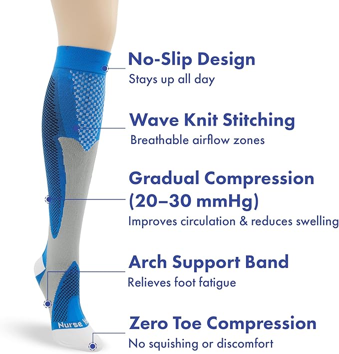 Nurse Yard Compression Socks for Women and Men | 20-30mmHg Graduated Medical Compression Socks for Nurses | Travel and Flying | Athletic Support for Running, Best Compression Socks | 1 Pair Blue