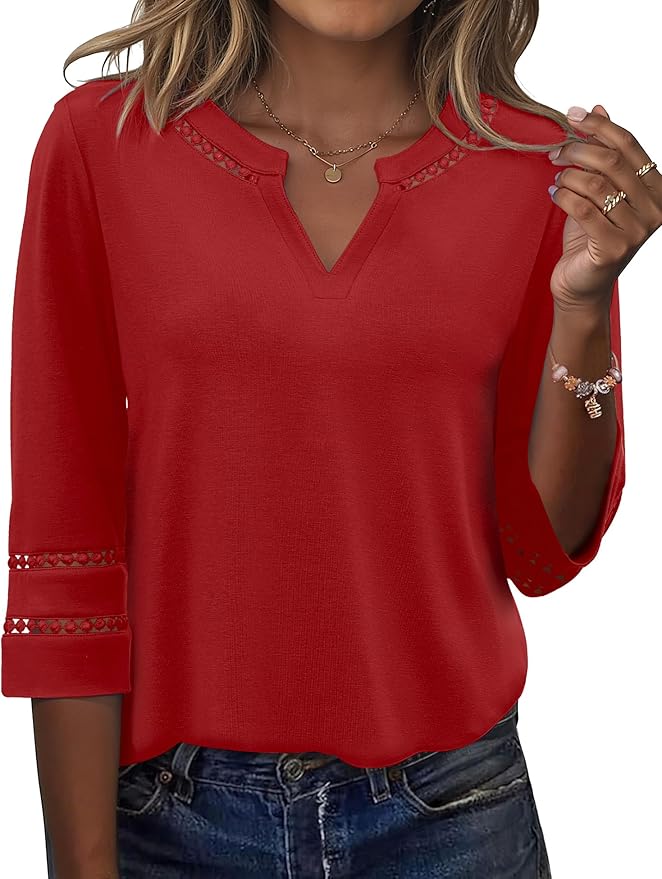Ivicoer 3/4 Length Sleeve Womens Tops V Neck Lace Embroidered Summer Blouses Loose Fit Tunic Dressy Casual