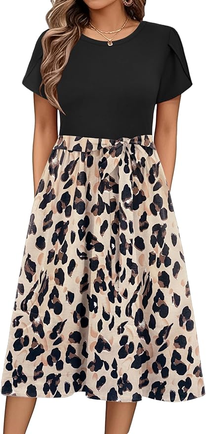 Zeagoo Womens Midi Dress Summer Short Sleeve Dress with Pockets 2025 Casual Floral T-Shirt Dress Flowy Beach Sundress