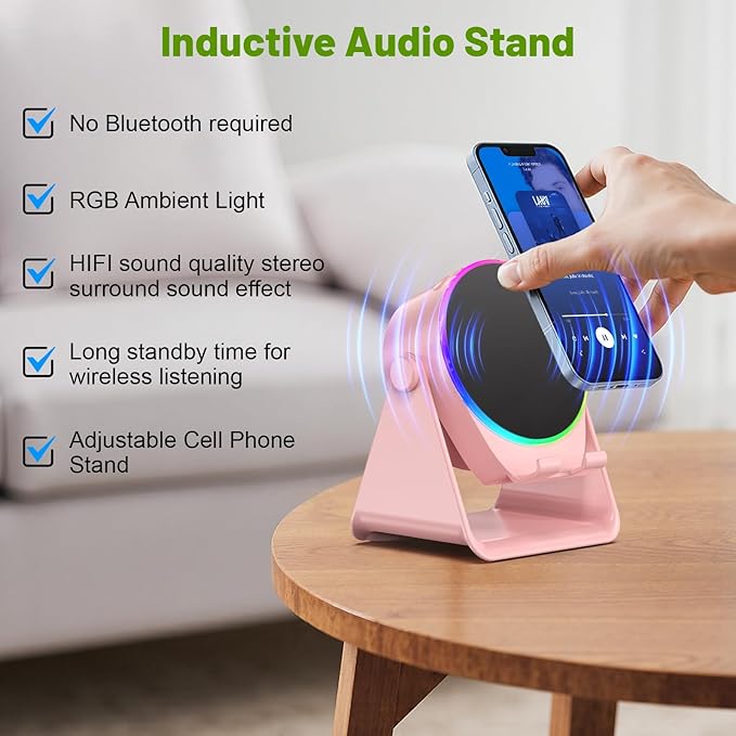 Wireless Induction Speaker, 4 in1 Phone Stand Bluetooth Speaker Amplifier with Colorful Ambient Light 360° Rotation Holder for Tablet iPhone Android,Portable Birthday Gifts for Adults Teens (Pink)