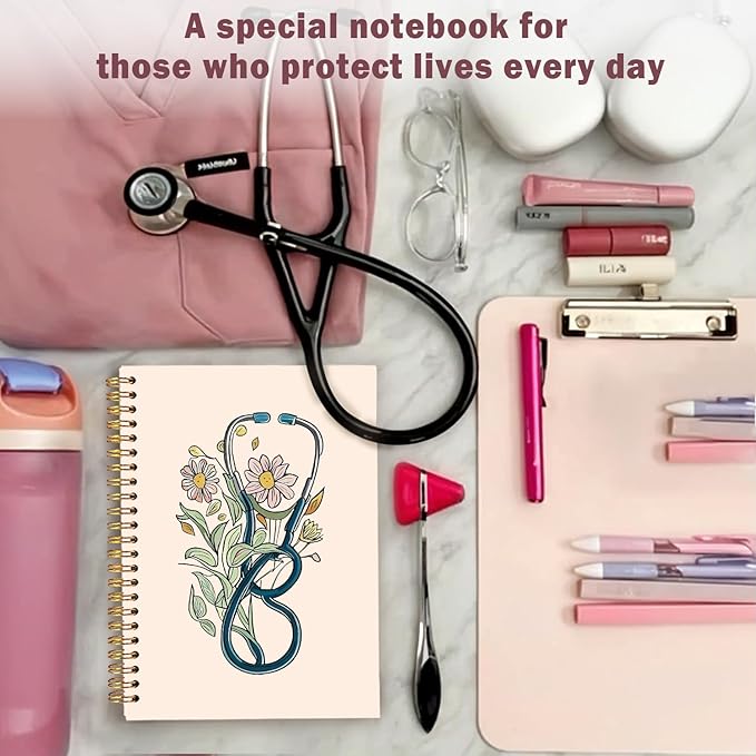 Lacama Nurse Notebook, Nurse Gifs for Women, Nurse Appreciation Gifts, Nurses Week Gifts, Nursing Student Graduation Gifts, 160 Pages, A5 Stethoscope Flower Spiral Notebook, Office School Supplies