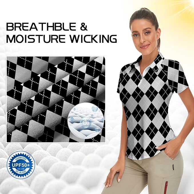 Women's Golf Shirt Short Sleeve Tennis Shirt Quarter Zip Golf Pullover Golf Polo Shirts Argyle Tops