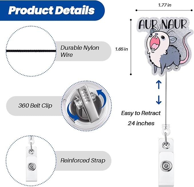 AUR Naur Funny Badge Reel, Cute Opossum Retractable ID Card Badge Holder, Name Tag Work Badge Clip for ICU NICU RN LPN CNA MA ER Night Shift Nurse Nursing Student OR Doctor Teacher, Nurse Gifts