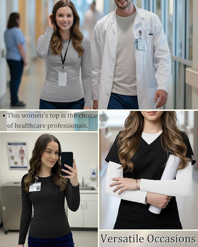3 Pack Women's Underscrub Shirts Long Sleeve Thermal Scrub Undershirts Nurse Crew Neck Slim Fit Fleece Top Basic Tee