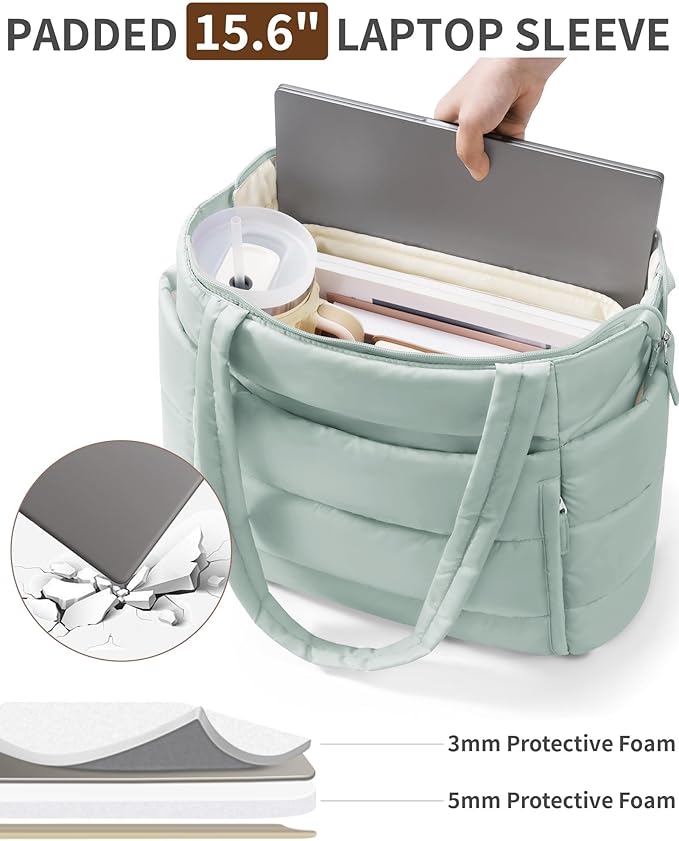 Puffer Tote Bag for Women, Lightweight Puffy Work Handbag Teacher Nurse Quilted Shoulder Bag for School Travel Gym | Quilted, with Zipper, Daily Carry On Bags, Comfy College Bags, 15.6" Laptop Sleeve, Cup Holder Pocket, Portable, Spacious