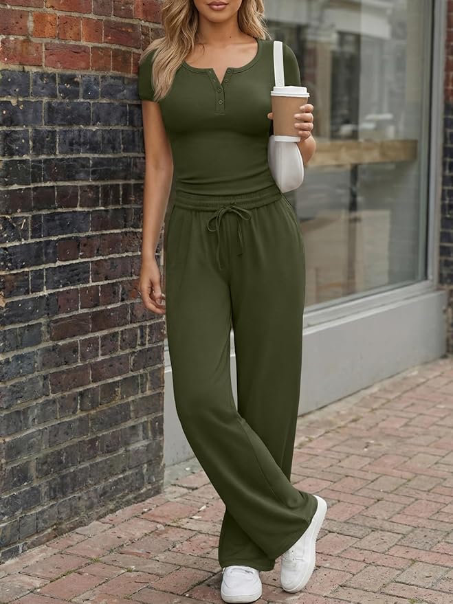 Trendy Queen Women's 2 Piece Matching Lounge Sets Summer Henley Neck Slightly Crop Top Wide Leg Pants Casual Sweat Suit