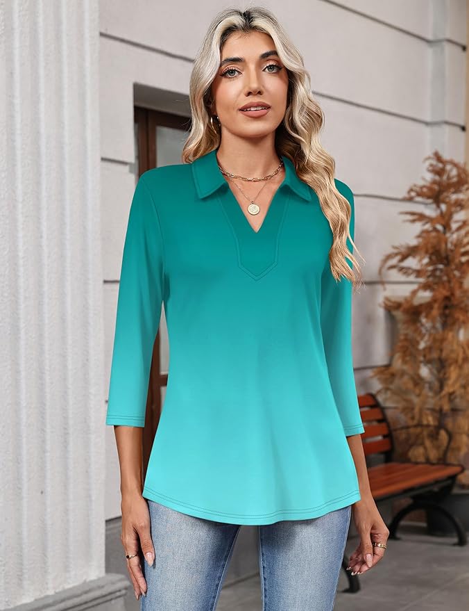 LOMON 3/4 Length Sleeve Womens Tops 2026 Spring Summer Collared Polo Shirts V Neck Casual Basic Polos Tees Shirt