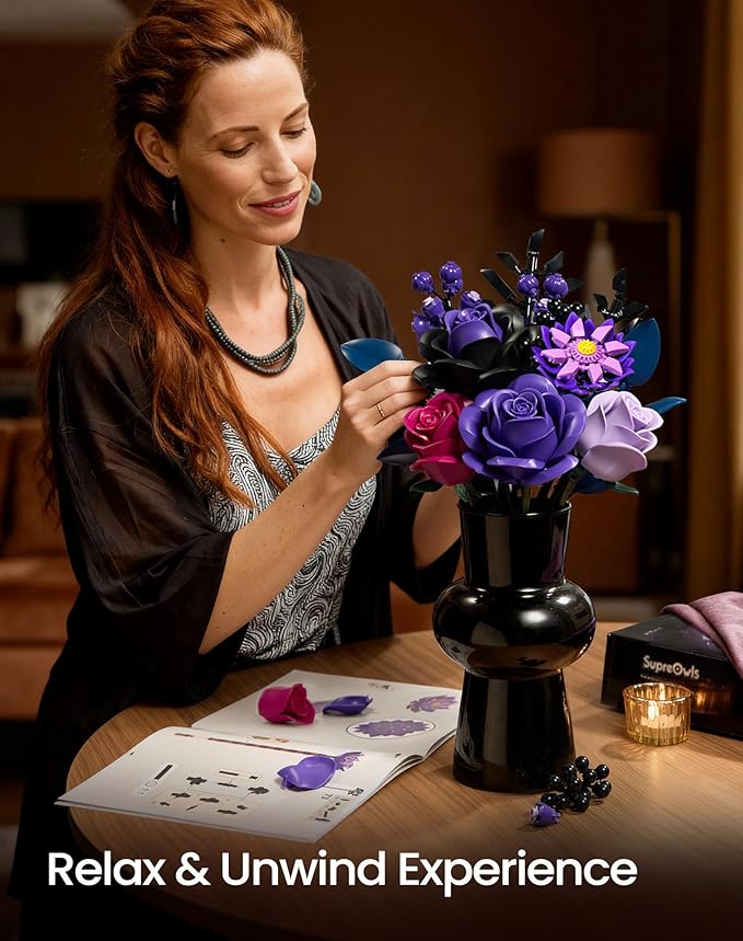 iATOM Flower Bouquet Building Set, Purple Roses Botanical Collection Kits for Adults Women, Gift for Valentine's Day for Her/Mom/Girlfriend/Wife/Couple, Gothic Modern Home Room Office Table Decor
