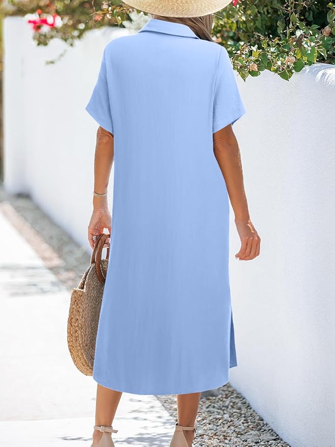 Zeagoo Women Dresses Summer Casual Short Sleeve Button Down Shirt Dresses 2025 Beach Cover Up with Pockets