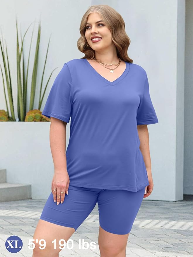 AGSEEM Two Piece Outfits For Women Summer V Neck T-Shirt Tops Biker Shorts Workout Sports Tracksuit