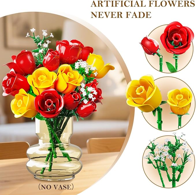 HOGOKIDS Flowers Bouquet Building Set with Lights - 16 Roses Bouquet Botanical Building Blocks Artificial Red Roses Flower for Home Decor Birthday Valentines Gifts for Adults Girl - 387PCS (Yellow)