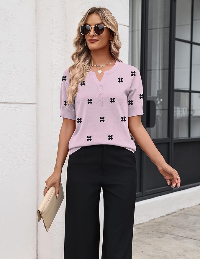 Zeagoo Women's Short Sleeve Sweater 2026 Spring Summer Tops Lightweight Casual V Neck Sweaters Dressy Work Blouses Clothes