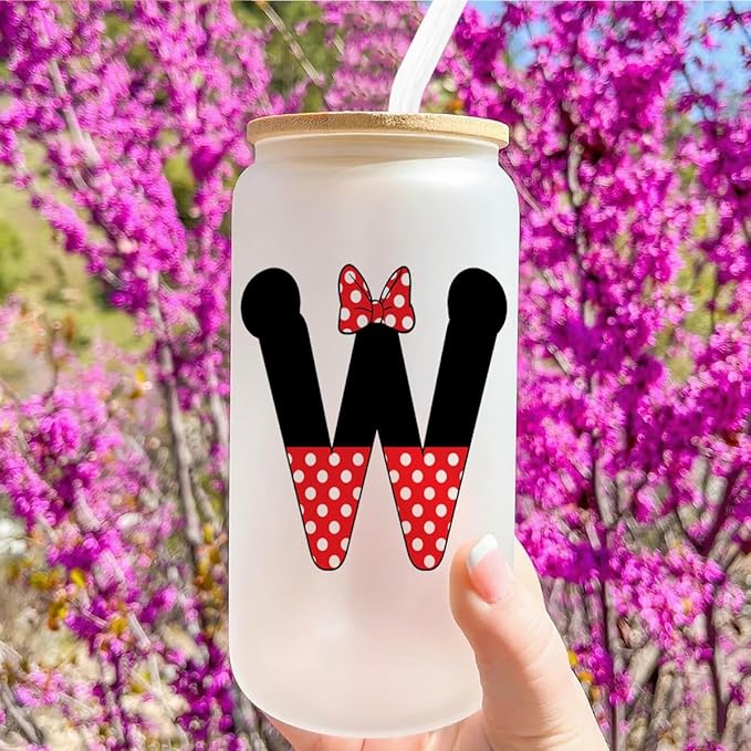 Cute Cartoon Mouse Lover Gifts Initial A-Z Personalized Iced Coffee Cup Magic Mouse Stuff Wizard Gift 16oz Glass Cup with Lid and Straws Birthday Christmas Gifts for Women Teen Girls (Letter W)